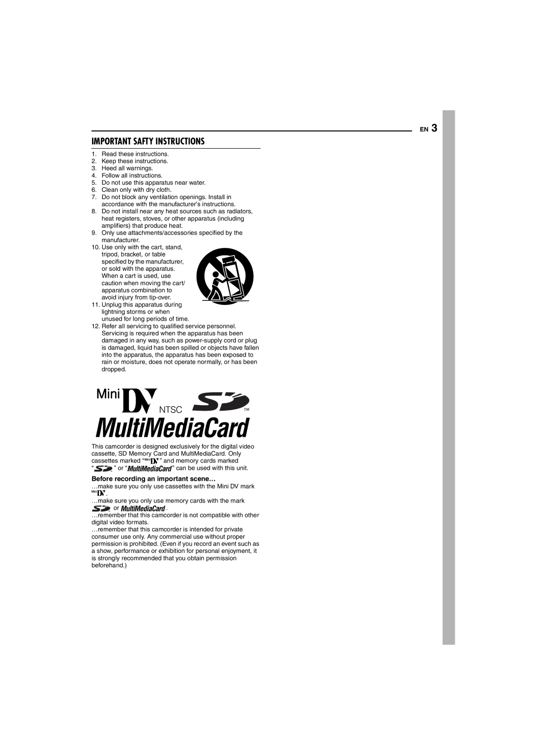 JVC 0104-FO-ID-PJ, LYT1265-001B manual Important Safty Instructions, Before recording an important scene… 