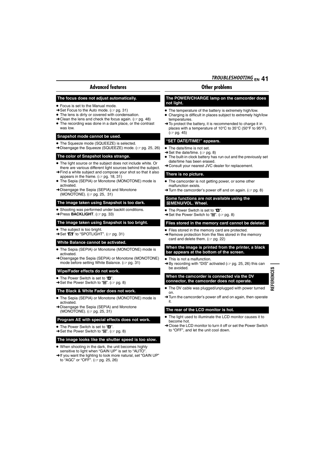 JVC 0104-FO-ID-PJ manual Advanced features Other problems, Power Switch is set to a HSet the Power Switch to M.  pg 