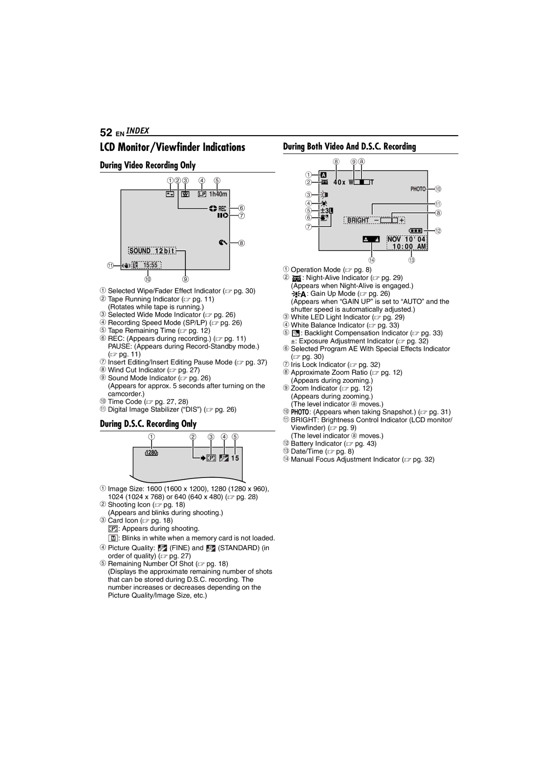 JVC LYT1265-001B manual Index, During D.S.C. Recording Only, W T 1h40m REC Sound 12 b i t 1555, Bright, NOV 10 04 1 0 00 AM 