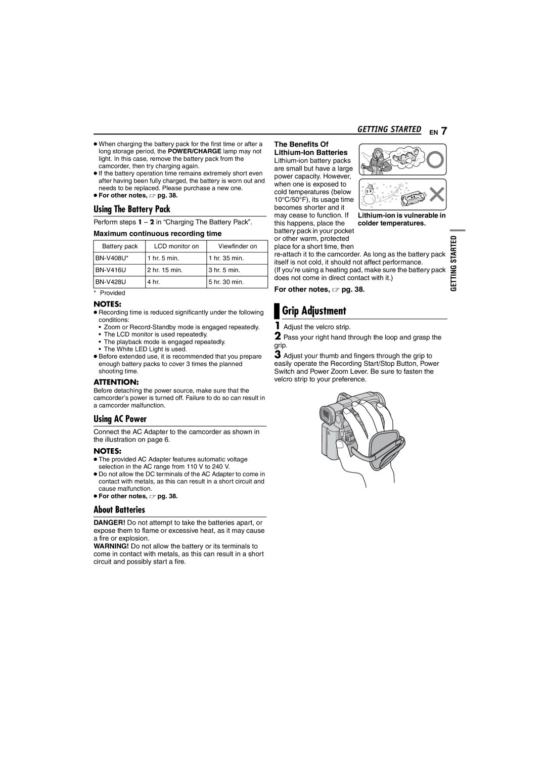 JVC 0104-FO-ID-PJ manual Using The Battery Pack, Grip Adjustment, Using AC Power, About Batteries, Colder temperatures 