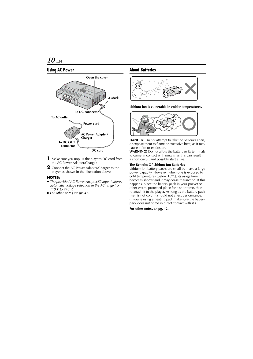 JVC LYT1300-001A 10 EN, Using AC Power, About Batteries, Short circuit and possibly start a fire, For other notes,  pg 