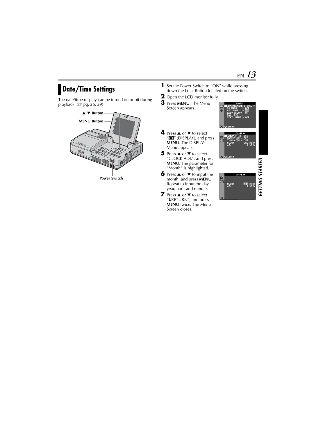 JVC LYT1300-001A manual Date/Time Settings 