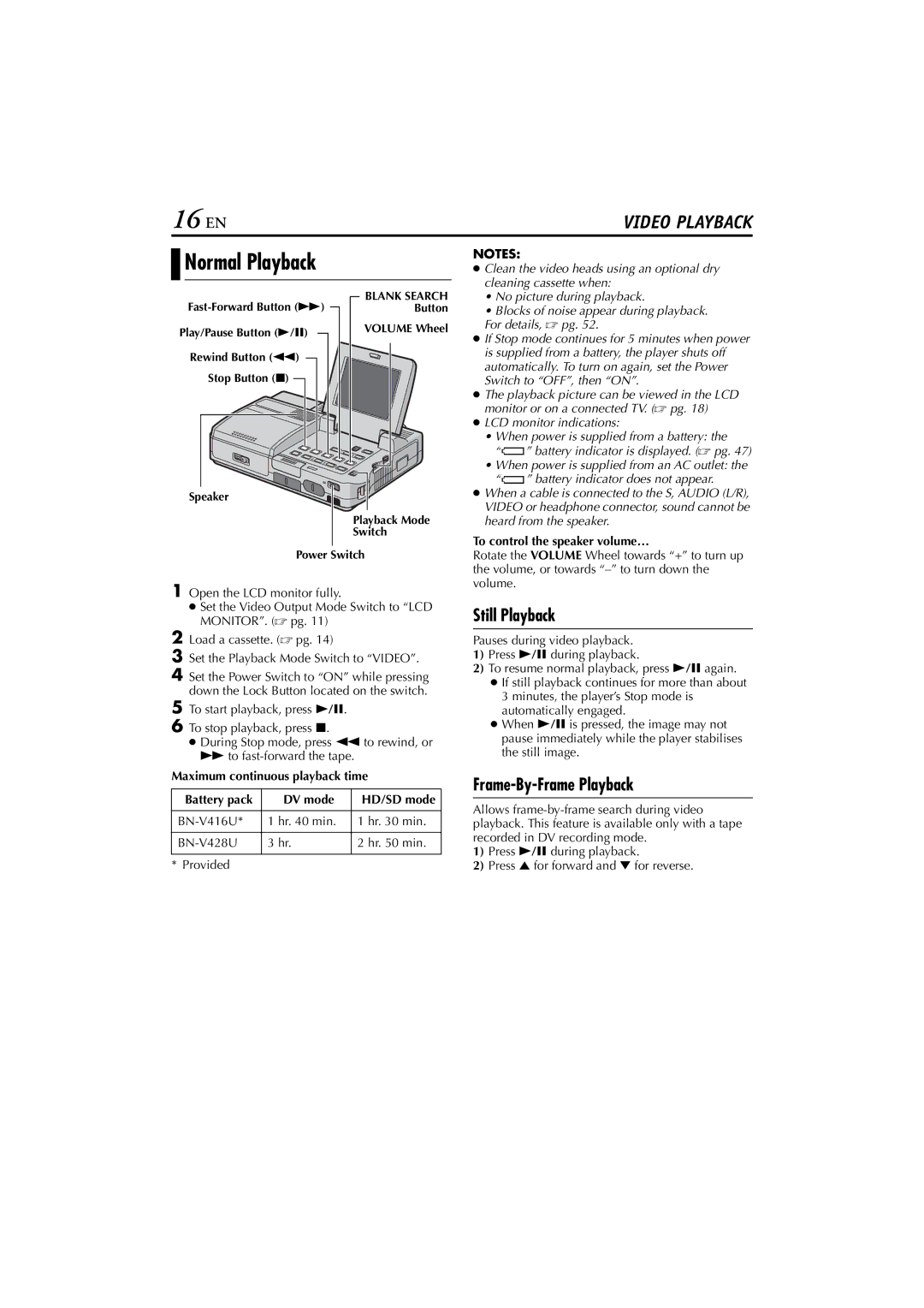 JVC LYT1300-001A manual 16 EN, Normal Playback, Still Playback, Frame-By-Frame Playback 