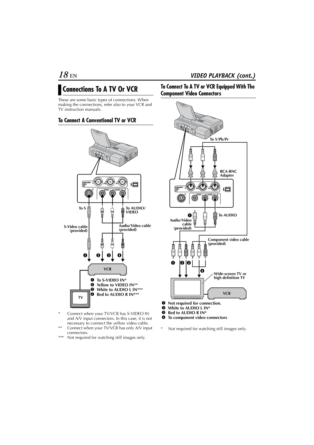 JVC LYT1300-001A 18 EN, To Connect a Conventional TV or VCR, To S-VIDEO Yellow to Video White to Audio L Red to Audio R 