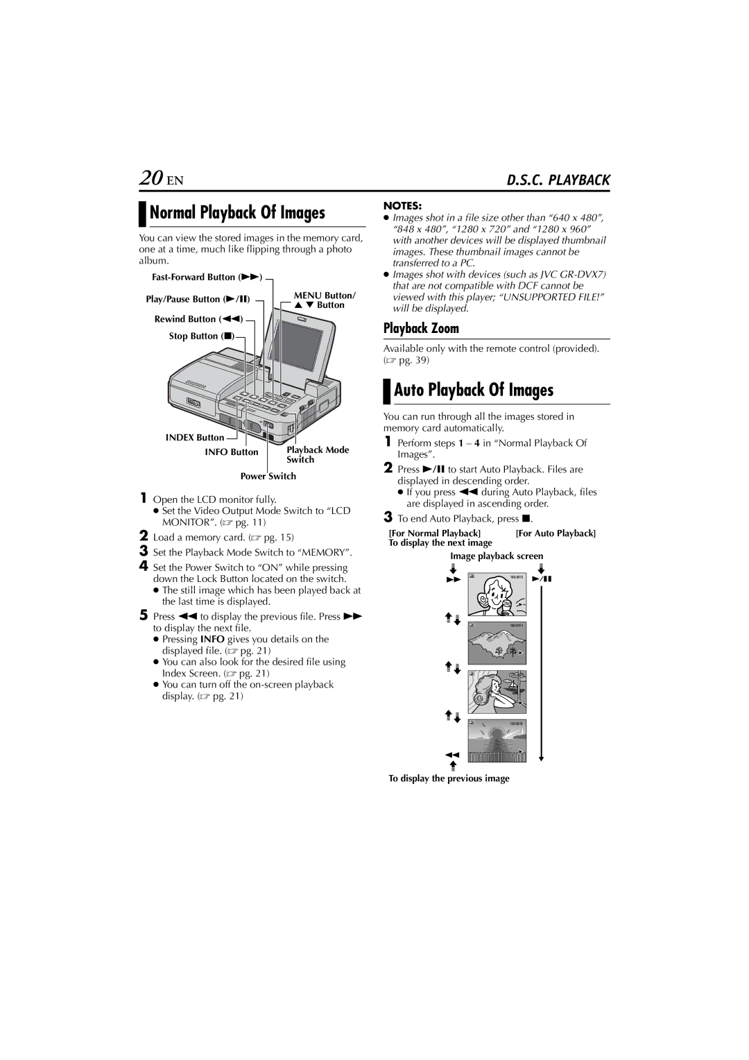 JVC LYT1300-001A 20 EN, Auto Playback Of Images, Playback Zoom, Available only with the remote control provided.  pg 