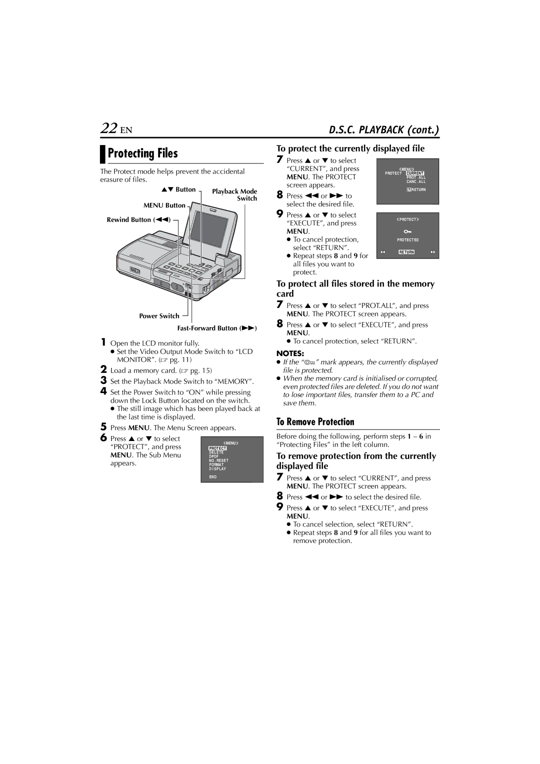 JVC LYT1300-001A manual 22 EN, Protecting Files, To Remove Protection 