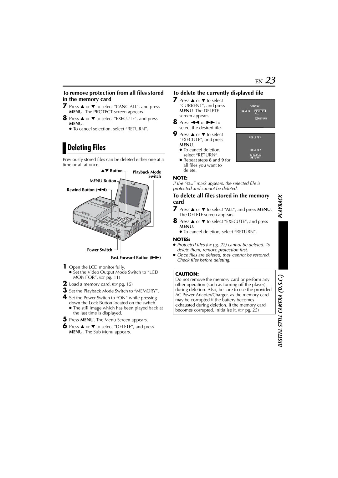 JVC LYT1300-001A manual Deleting Files, To delete the currently displayed file, Memory card, Card, Menu 