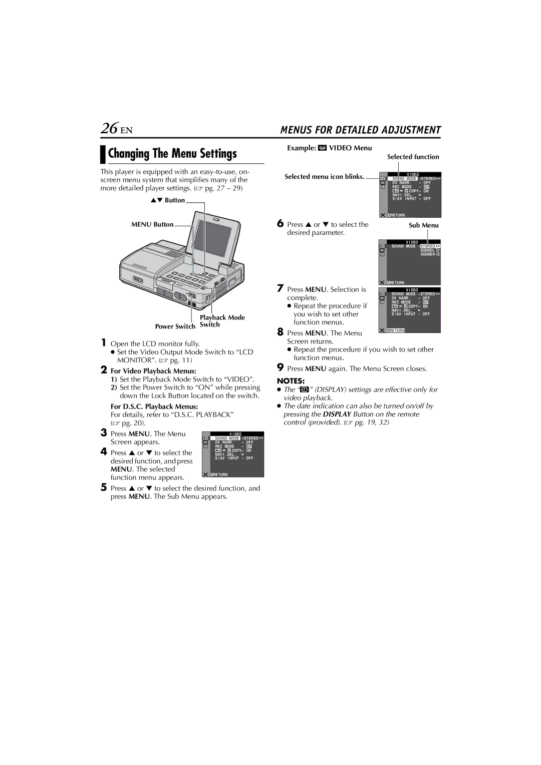 JVC LYT1300-001A manual 26 EN, Example t Video Menu, For Video Playback Menus, For D.S.C. Playback Menus 