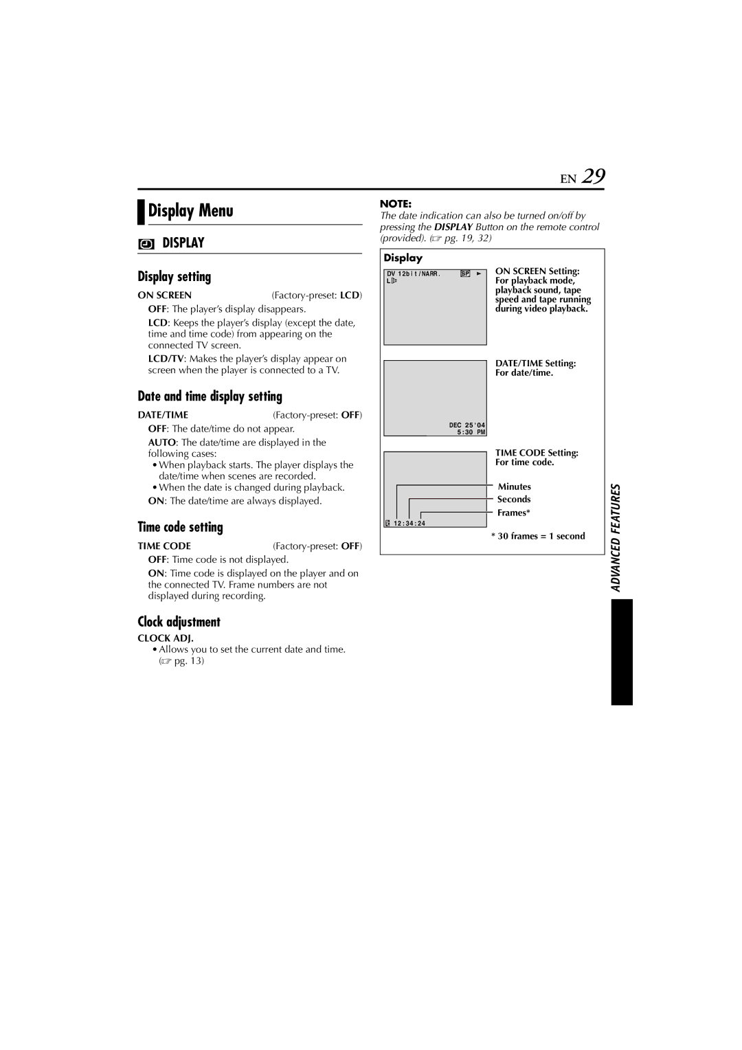 JVC LYT1300-001A manual Display Menu, Display setting, Date and time display setting, Time code setting, Clock adjustment 