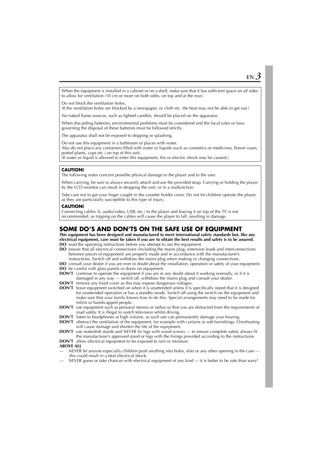 JVC LYT1300-001A manual Some DO’S and DON’TS on the Safe USE of Equipment, Above ALL 