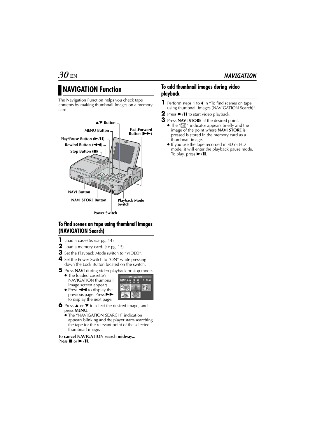 JVC LYT1300-001A manual 30 EN, Navigation Function, To add thumbnail images during video playback 