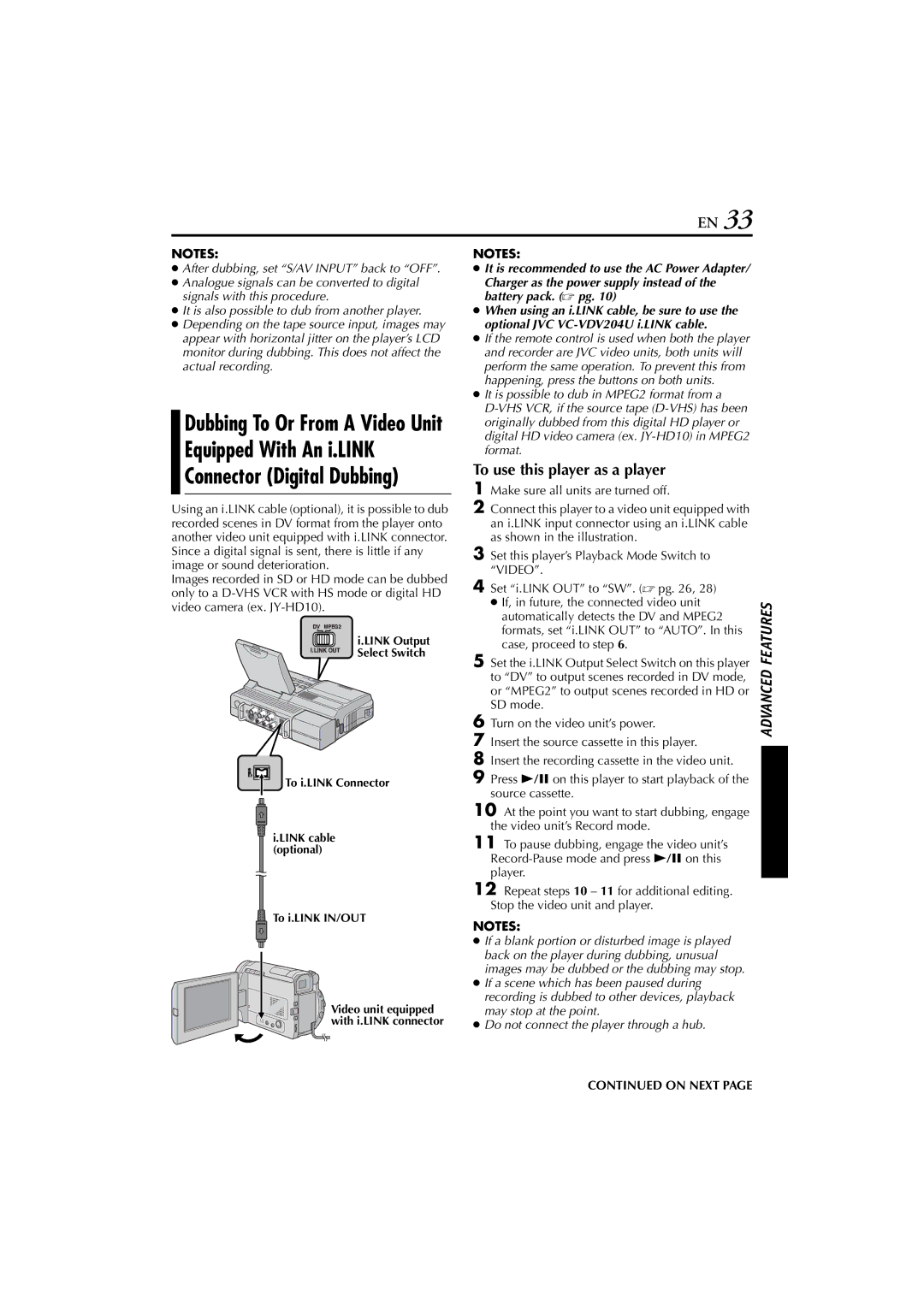 JVC LYT1300-001A manual To i.LINK Connector Link cable optional To i.LINK IN/OUT 