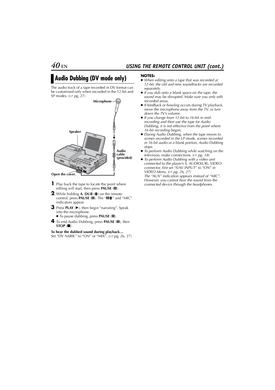 JVC LYT1300-001A manual 40 EN, To hear the dubbed sound during playback…, Set DV NARR. to on or MIX.  pg 