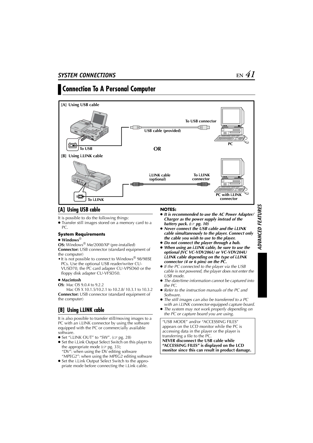 JVC LYT1300-001A manual Connection To a Personal Computer, Using USB cable, Using i.LINK cable 