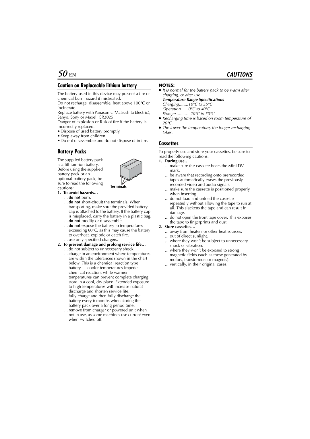 JVC LYT1300-001A manual 50 EN, Battery Packs, Cassettes 