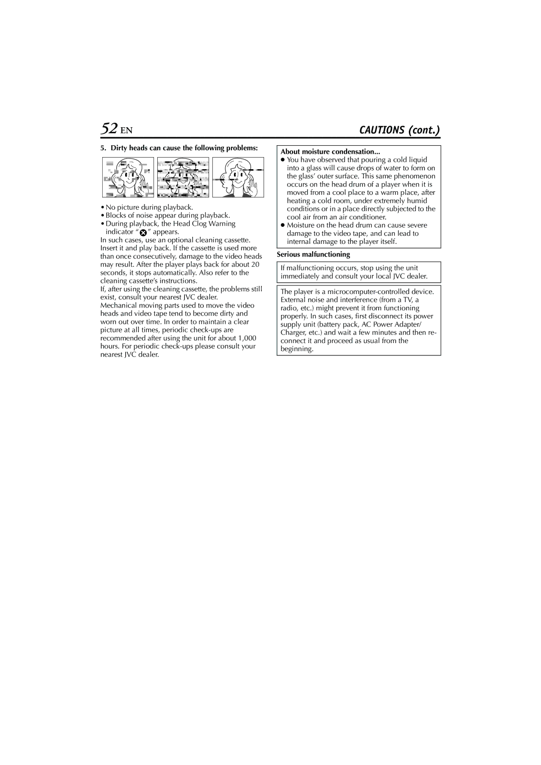 JVC LYT1300-001A manual 52 EN, About moisture condensation, Serious malfunctioning 