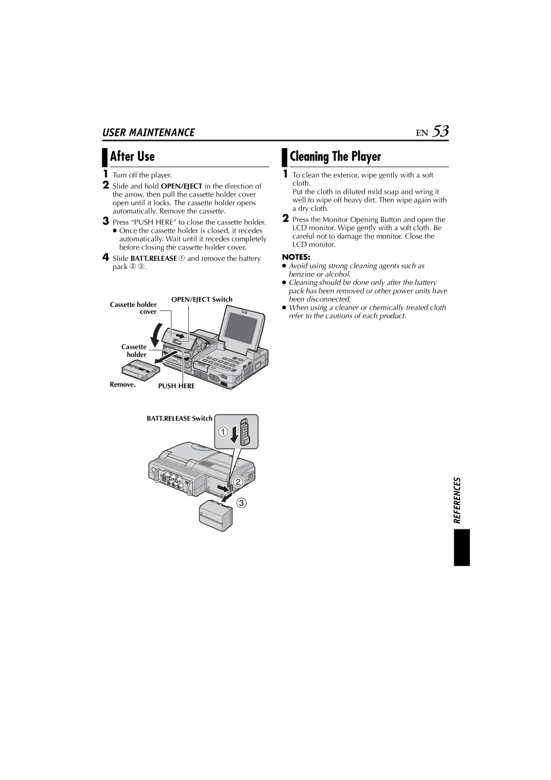 JVC LYT1300-001A manual After Use, Cleaning The Player, Slide BATT.RELEASE 1 and remove the battery pack 2 