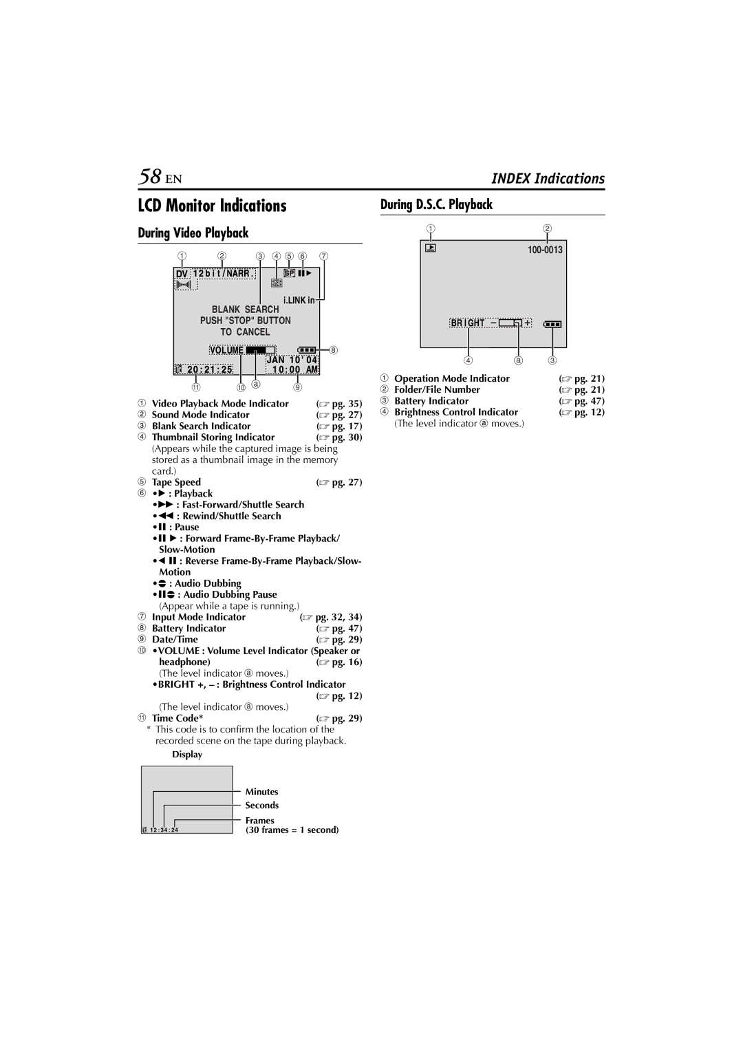 JVC LYT1300-001A manual 58 EN, LCD Monitor Indications During D.S.C. Playback, Blank Search, To Cancel 