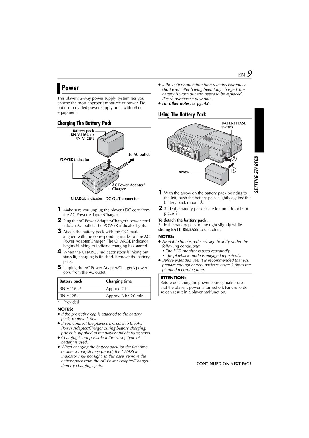 JVC LYT1300-001A manual Power, Charging The Battery Pack, Using The Battery Pack, On Next 