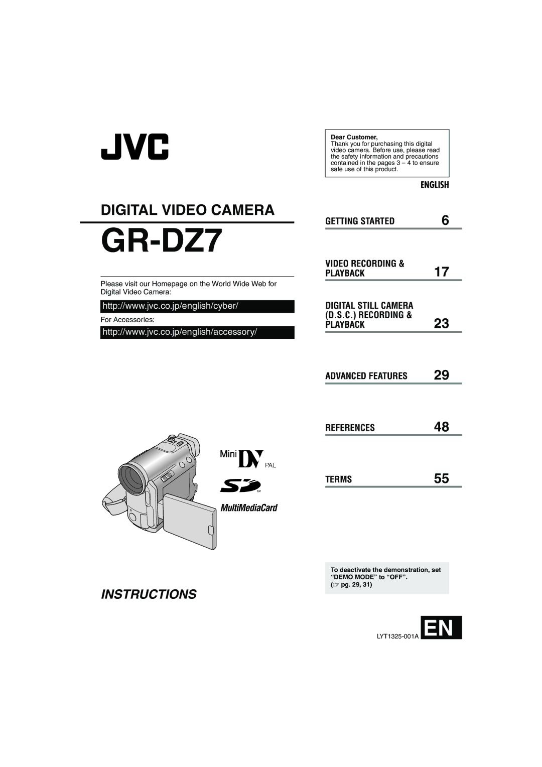 JVC manual Dear Customer, To deactivate the demonstration, set Demo Mode to OFF, LYT1325-001A EN 