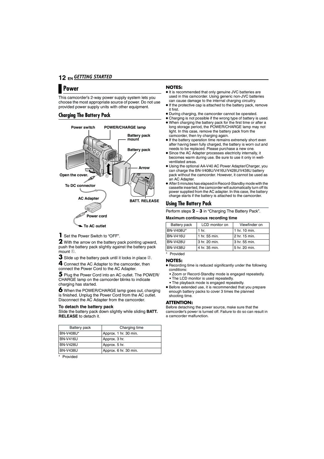 JVC LYT1325-001A manual Power, Charging The Battery Pack, Using The Battery Pack, Maximum continuous recording time 