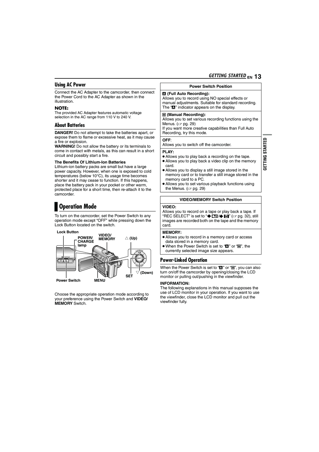 JVC LYT1325-001A manual Operation Mode, Using AC Power, About Batteries, Power-Linked Operation 