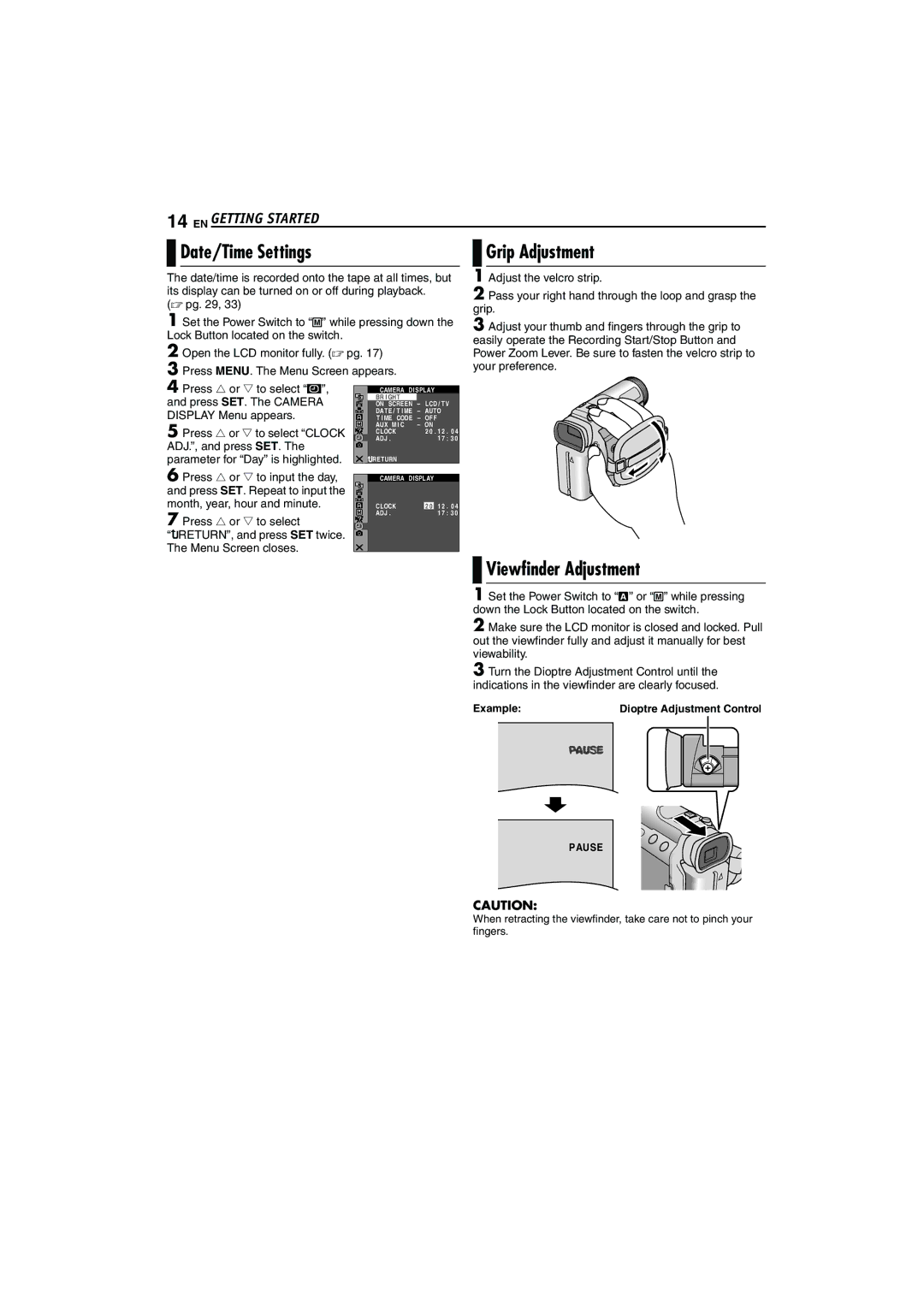 JVC LYT1325-001A manual Date/Time Settings, Grip Adjustment, Viewfinder Adjustment 