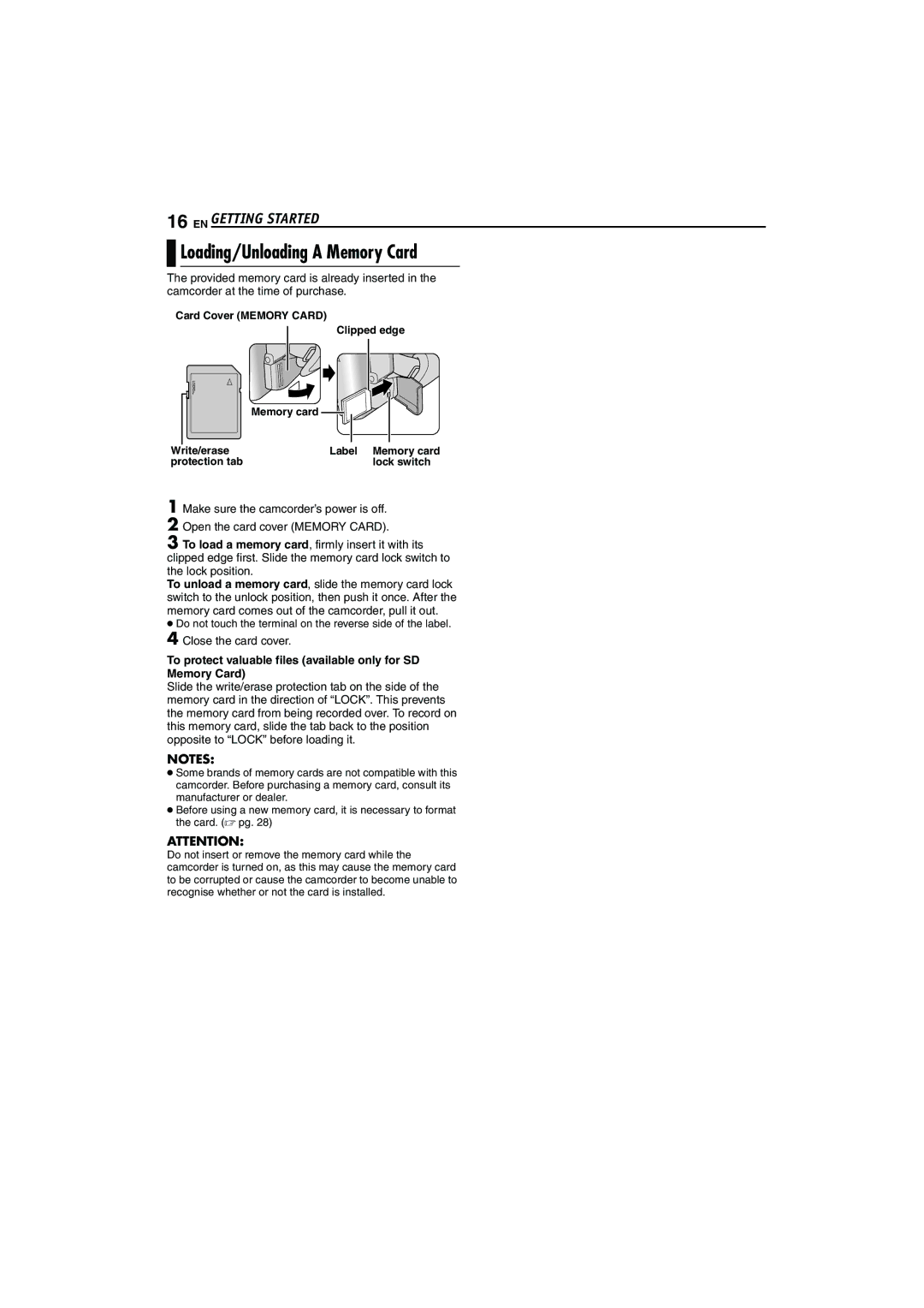 JVC LYT1325-001A manual Loading/Unloading a Memory Card, Close the card cover 