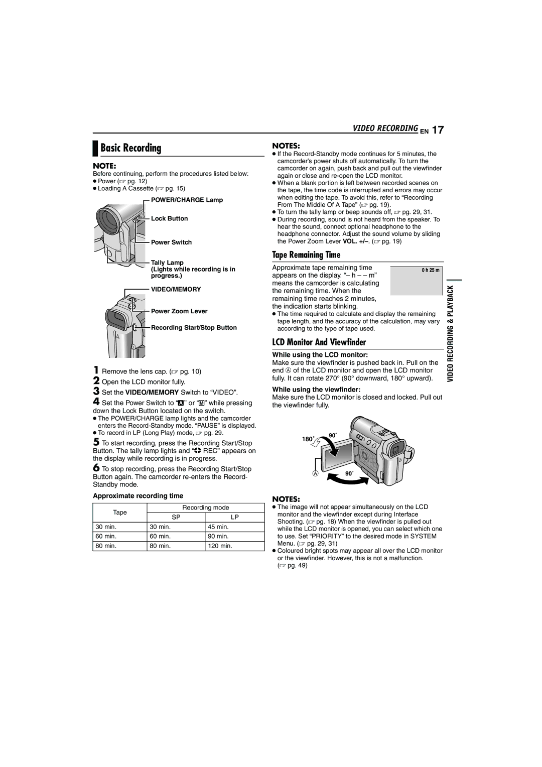 JVC LYT1325-001A manual Basic Recording, Tape Remaining Time, LCD Monitor And Viewfinder 