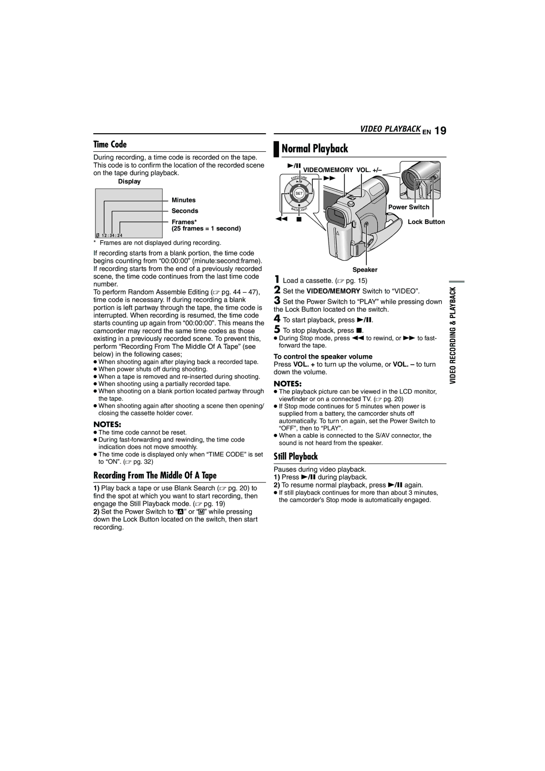 JVC LYT1325-001A manual Normal Playback, Time Code, Recording From The Middle Of a Tape, Video Playback EN, Still Playback 