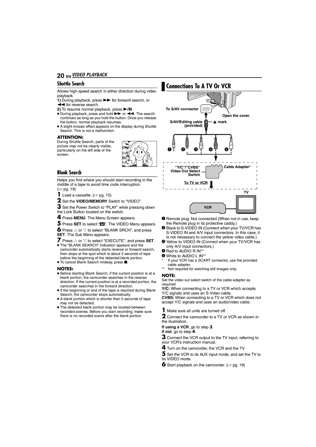 JVC LYT1325-001A manual EN Video Playback, Shuttle Search, Blank Search, If using a VCR, go to . If not, go to step 