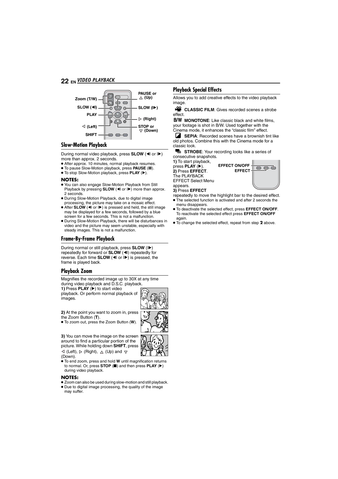 JVC LYT1325-001A manual Playback Special Effects, Slow-Motion Playback, Frame-By-Frame Playback, Playback Zoom 