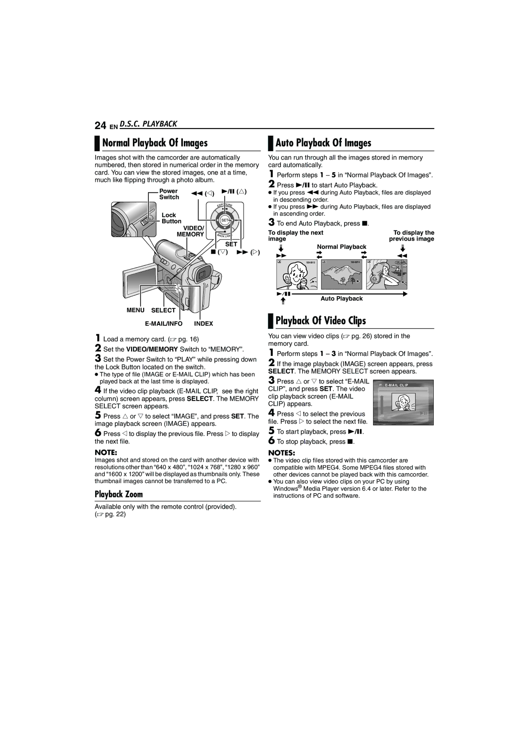 JVC LYT1325-001A manual Normal Playback Of Images, Auto Playback Of Images, Playback Of Video Clips, EN D.S.C. Playback 