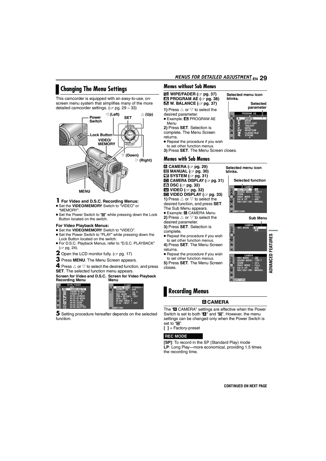 JVC LYT1325-001A manual Changing The Menu Settings, Recording Menus, Menus without Sub Menus, Menus with Sub Menus 