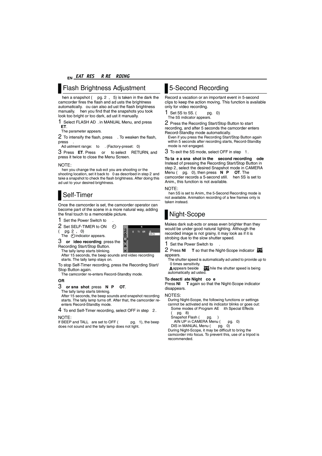 JVC LYT1325-001A manual Flash Brightness Adjustment, Self-Timer, Second Recording, Night-Scope, EN Features for Recording 