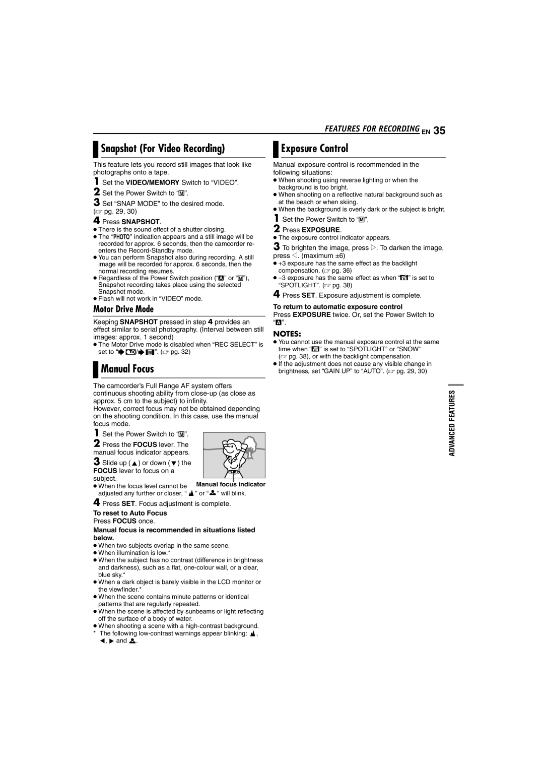 JVC LYT1325-001A manual Snapshot For Video Recording, Manual Focus, Exposure Control, Motor Drive Mode 