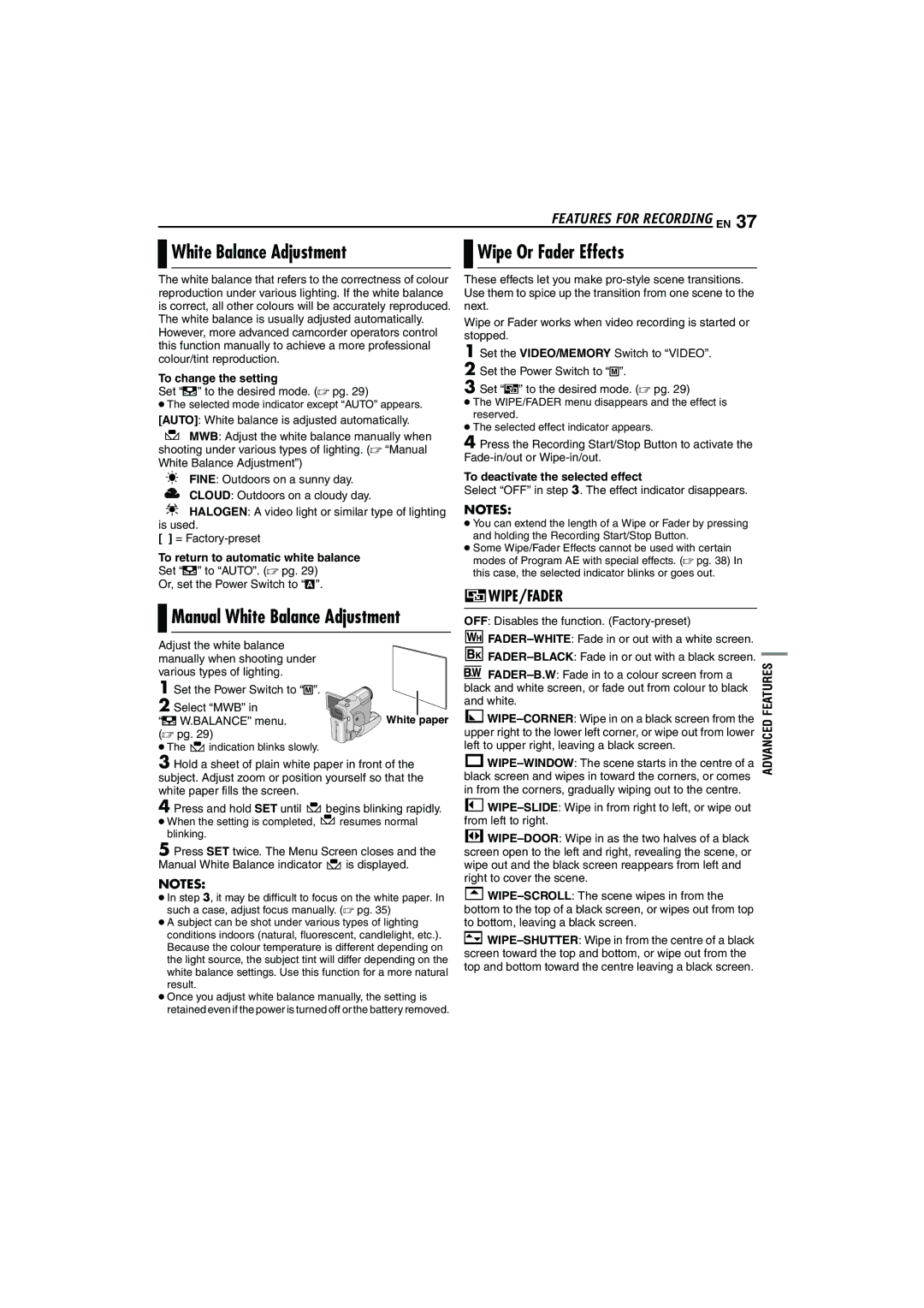 JVC LYT1325-001A White Balance Adjustment, Wipe Or Fader Effects, To change the setting, To deactivate the selected effect 