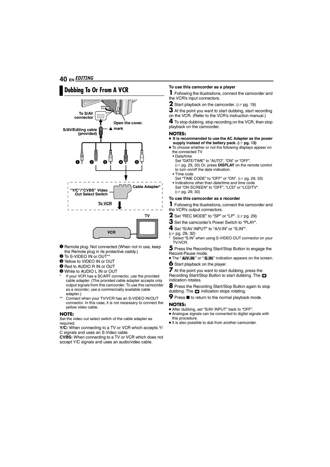 JVC LYT1325-001A manual EN Editing, To use this camcorder as a player, To use this camcorder as a recorder 