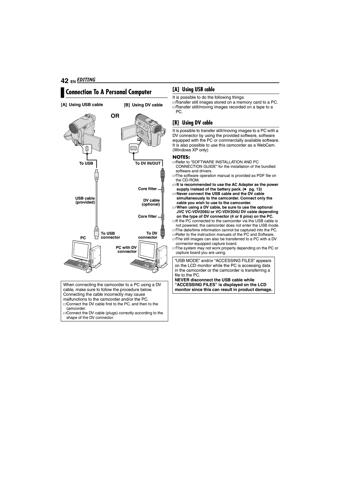 JVC LYT1325-001A manual Connection To a Personal Computer Using USB cable, Using USB cable Using DV cable 