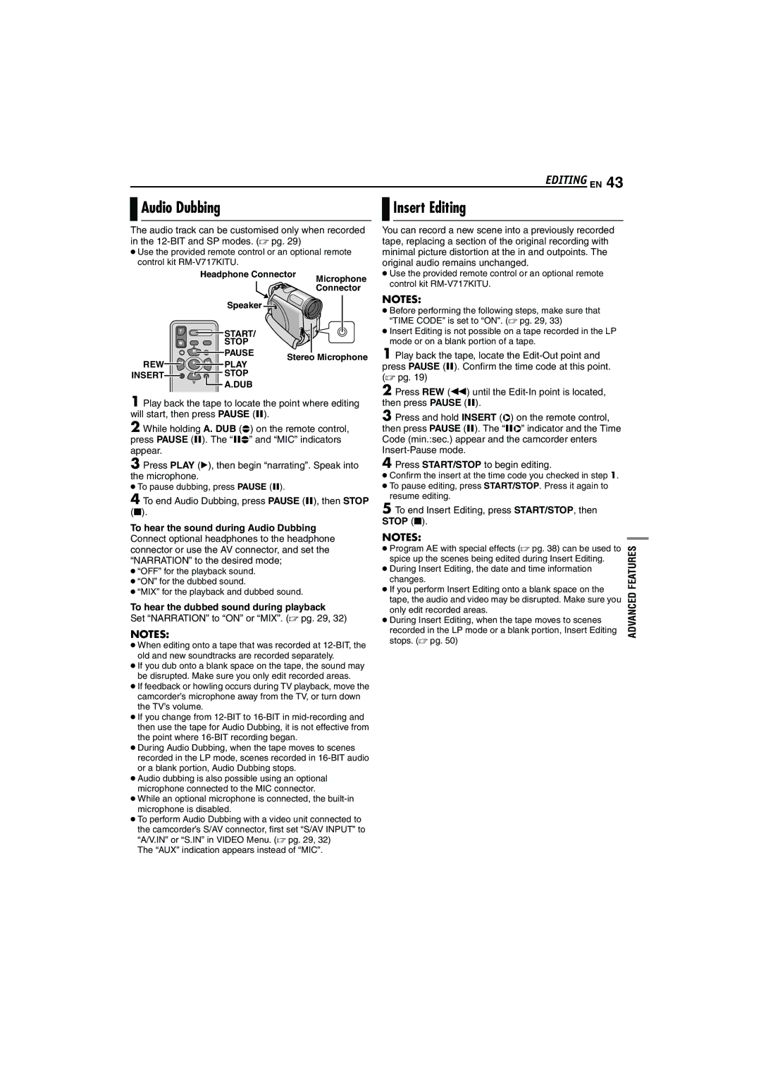 JVC LYT1325-001A manual Audio Dubbing, Insert Editing, Editing EN, To hear the dubbed sound during playback 