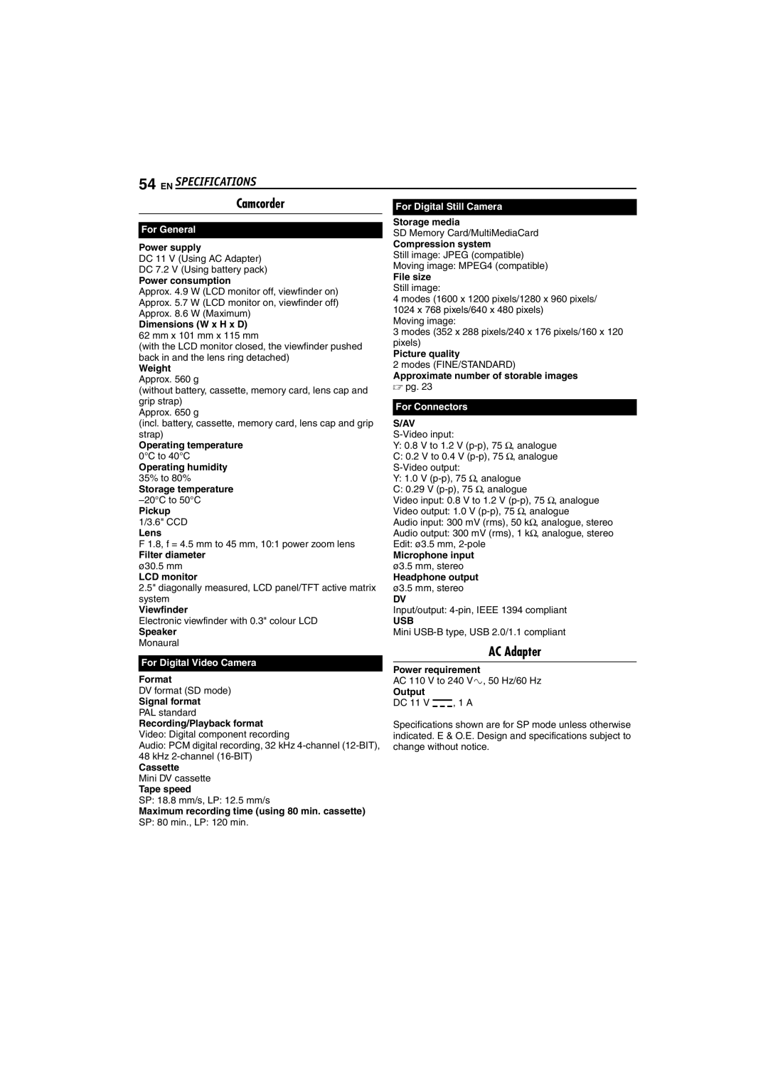 JVC LYT1325-001A manual EN Specifications, Camcorder, AC Adapter 