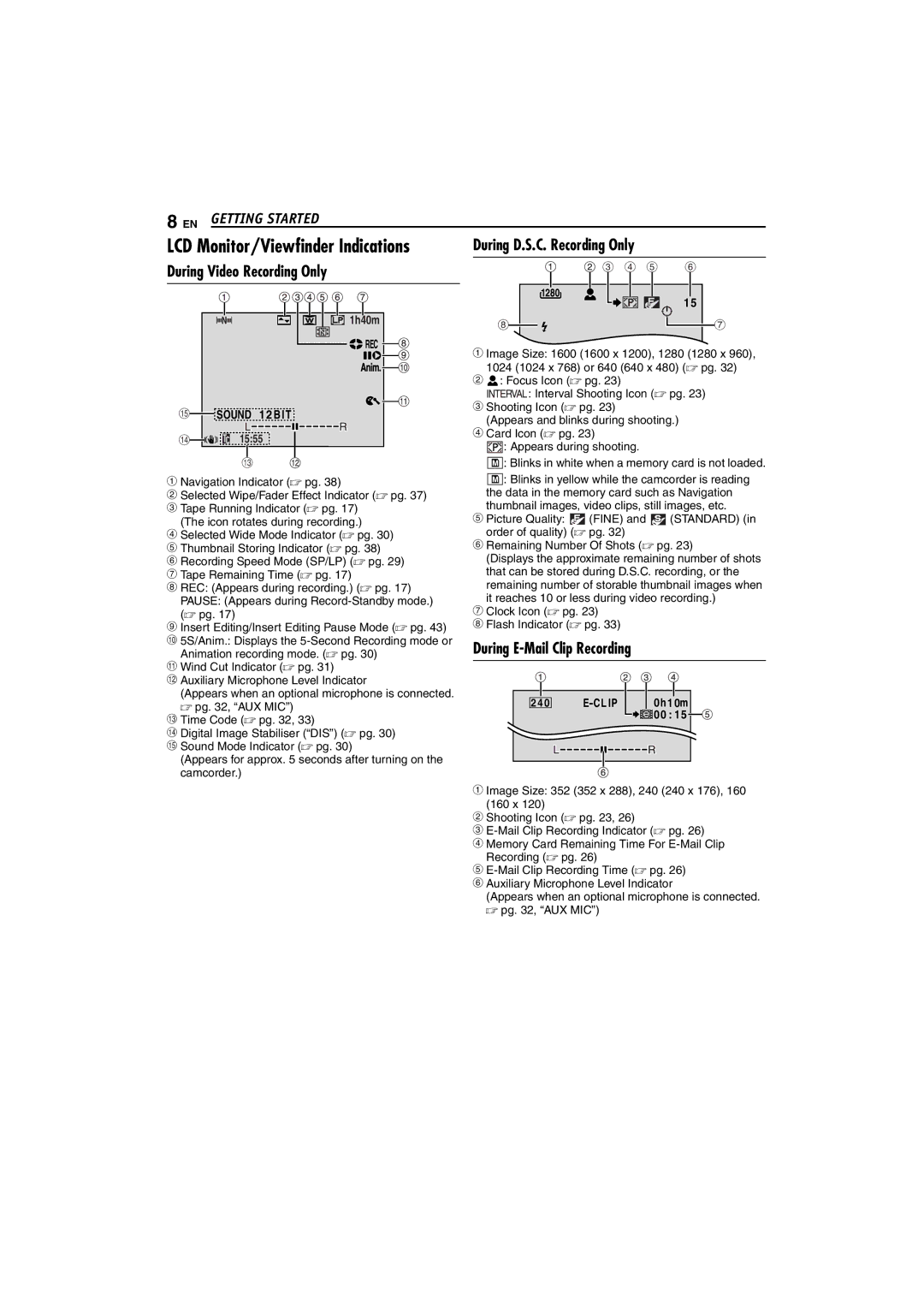 JVC LYT1325-001A manual During Video Recording Only, During D.S.C. Recording Only, During E-Mail Clip Recording 