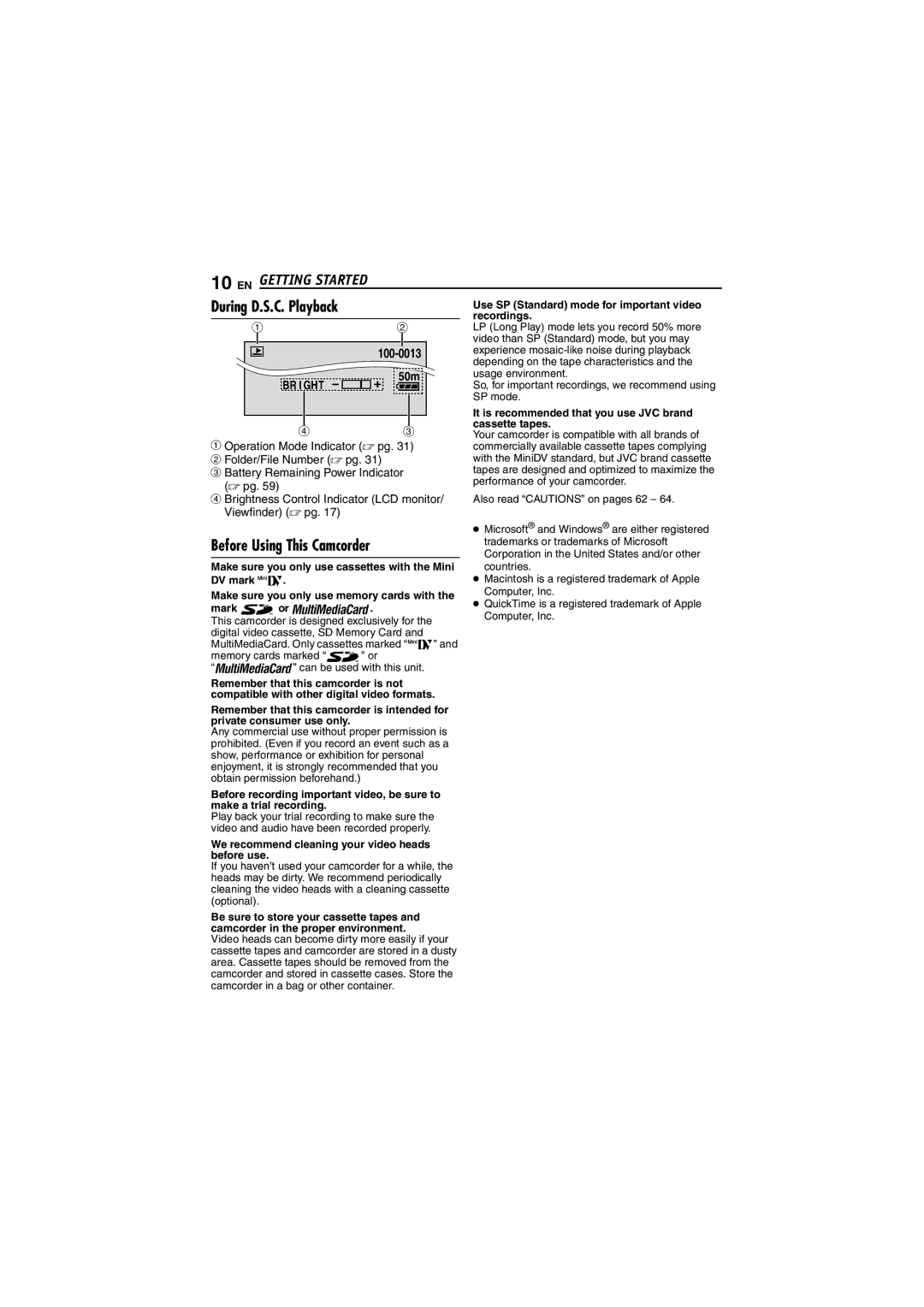 JVC LYT1393-001A manual During D.S.C. Playback, Before Using This Camcorder, Br I Ght 