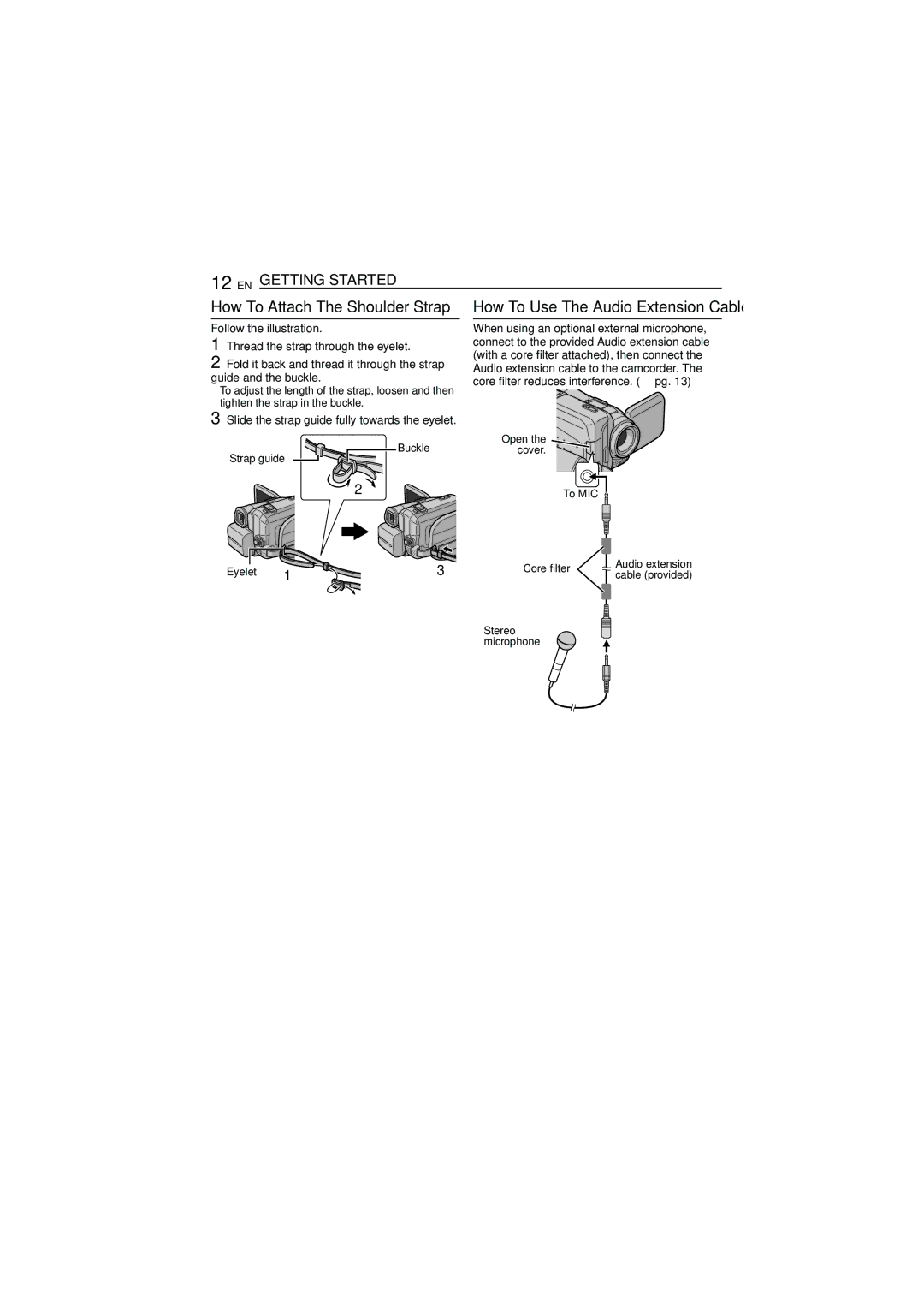 JVC LYT1393-001A manual Slide the strap guide fully towards the eyelet, Buckle Strap guide, Open the cover To MIC Eyelet 