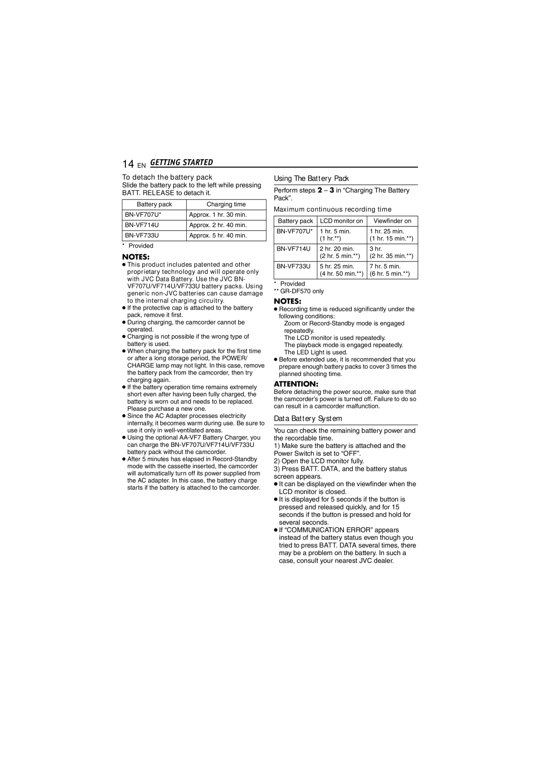 JVC LYT1393-001A manual Data Battery System, BATT. Release to detach it, Maximum continuous recording time 