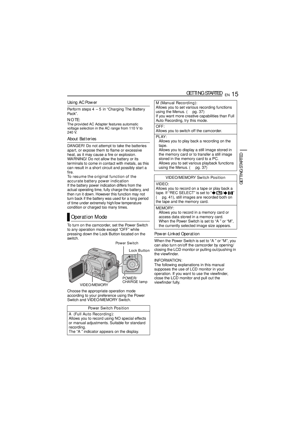 JVC LYT1393-001A manual Operation Mode, Using AC Power, About Batteries, Power-Linked Operation 