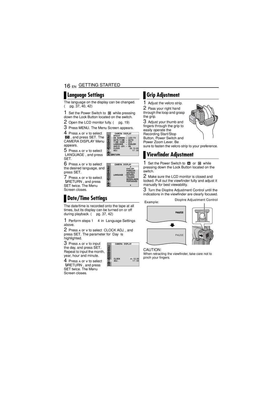 JVC LYT1393-001A manual Grip Adjustment, Viewfinder Adjustment, Language Settings, Date/Time Settings 