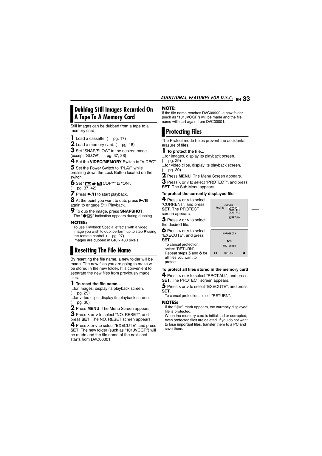 JVC LYT1393-001A manual Tape To a Memory Card, Protecting Files, Resetting The File Name, Digital Still Camera 