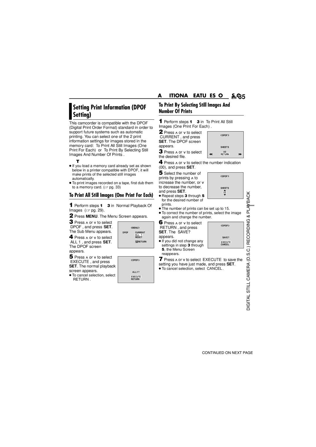 JVC LYT1393-001A manual Additional Features for D.S.C. EN, Setting Print Information Dpof, Number Of Prints 