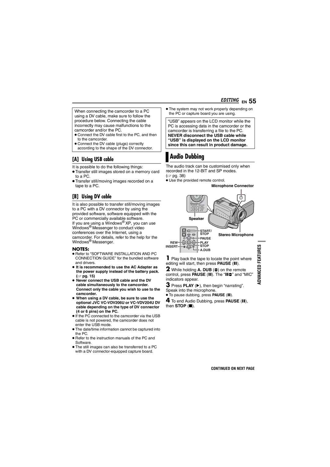 JVC LYT1393-001A manual Audio Dubbing, Editing EN, Using USB cable, Using DV cable 